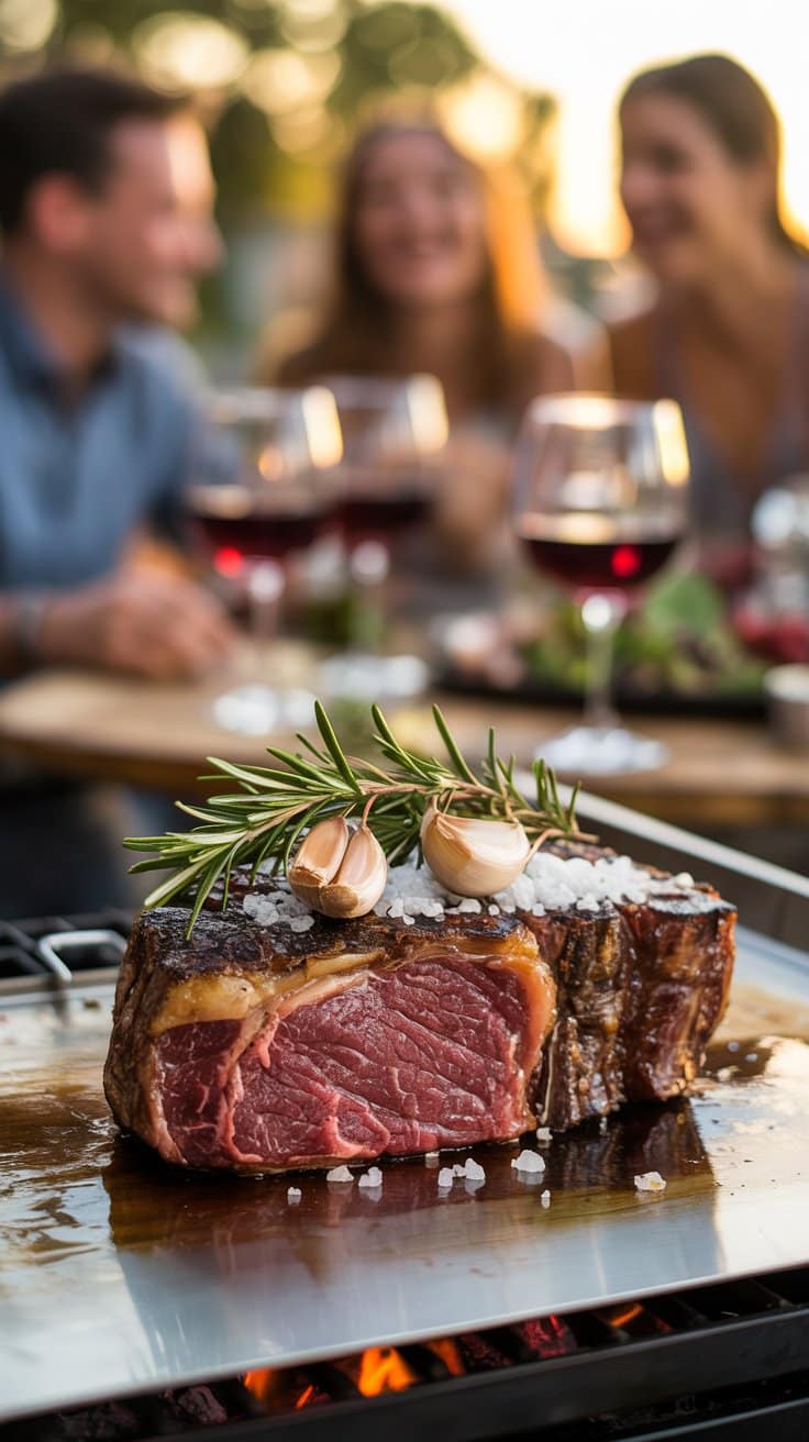 Viande grillée avec ail, romarin et vin rouge.