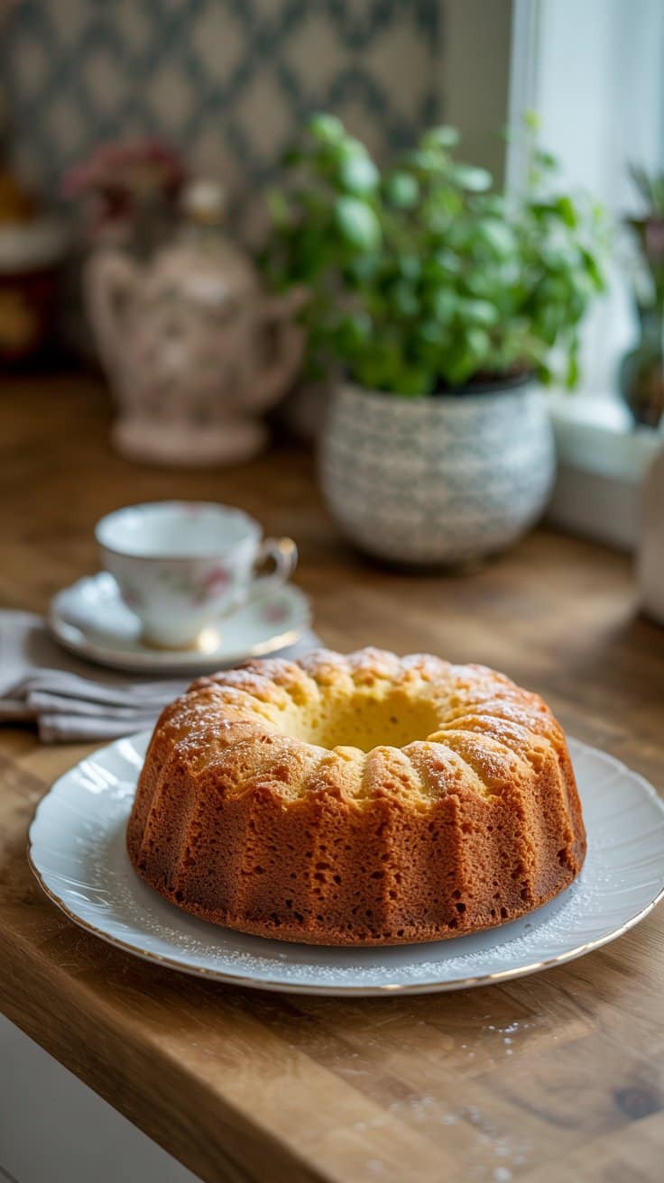 Gâteau Bundt sur une table avec tasse de thé.