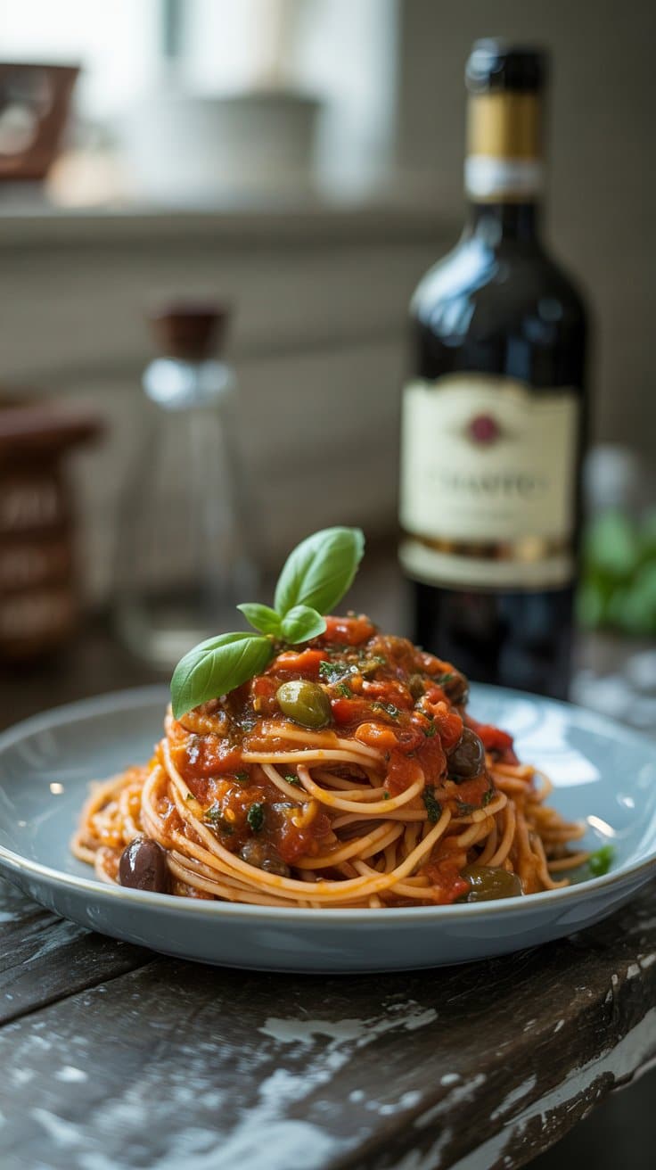 Assiette de spaghettis à la sauce tomate, bouteille de vin.
