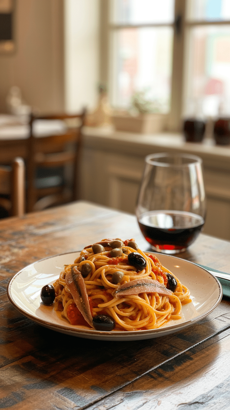 Spaghetti aux anchois et olives, verre de vin rouge.