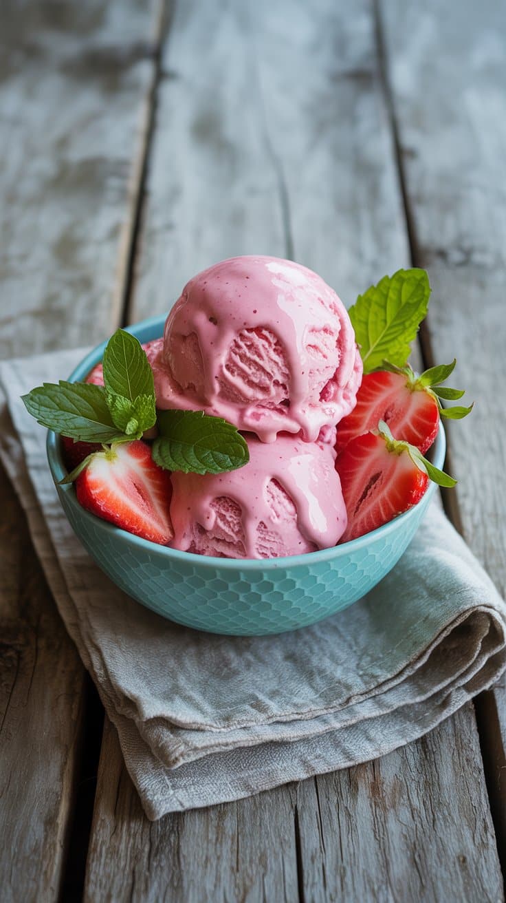 Glace à la fraise avec menthe et fraises.