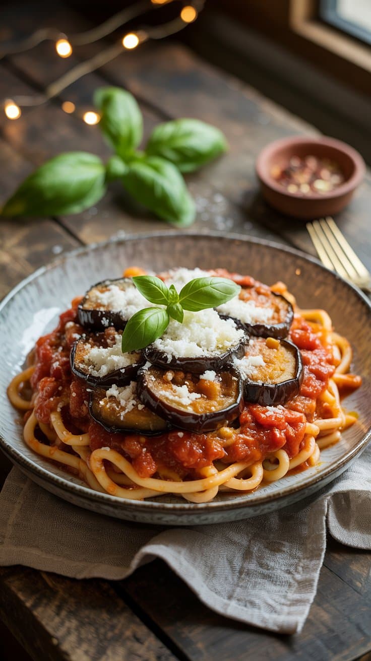 Spaghetti à la sauce tomate et aubergines grillées.