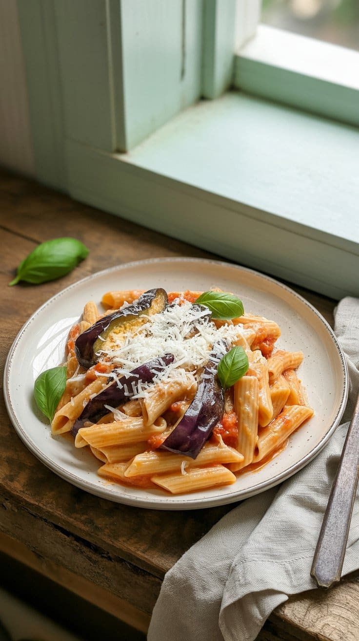 Penne à la sauce tomate avec aubergine et fromage.