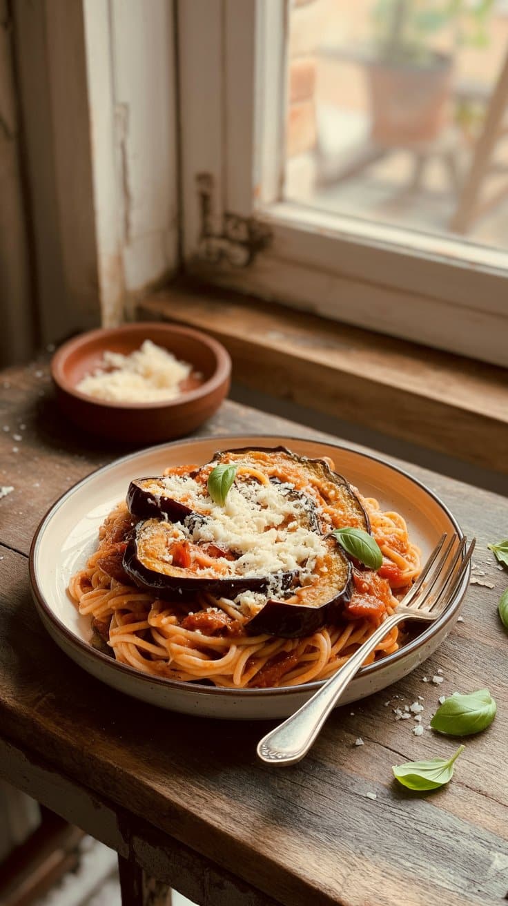 Spaghetti à l'aubergine et parmesan, basilic frais.