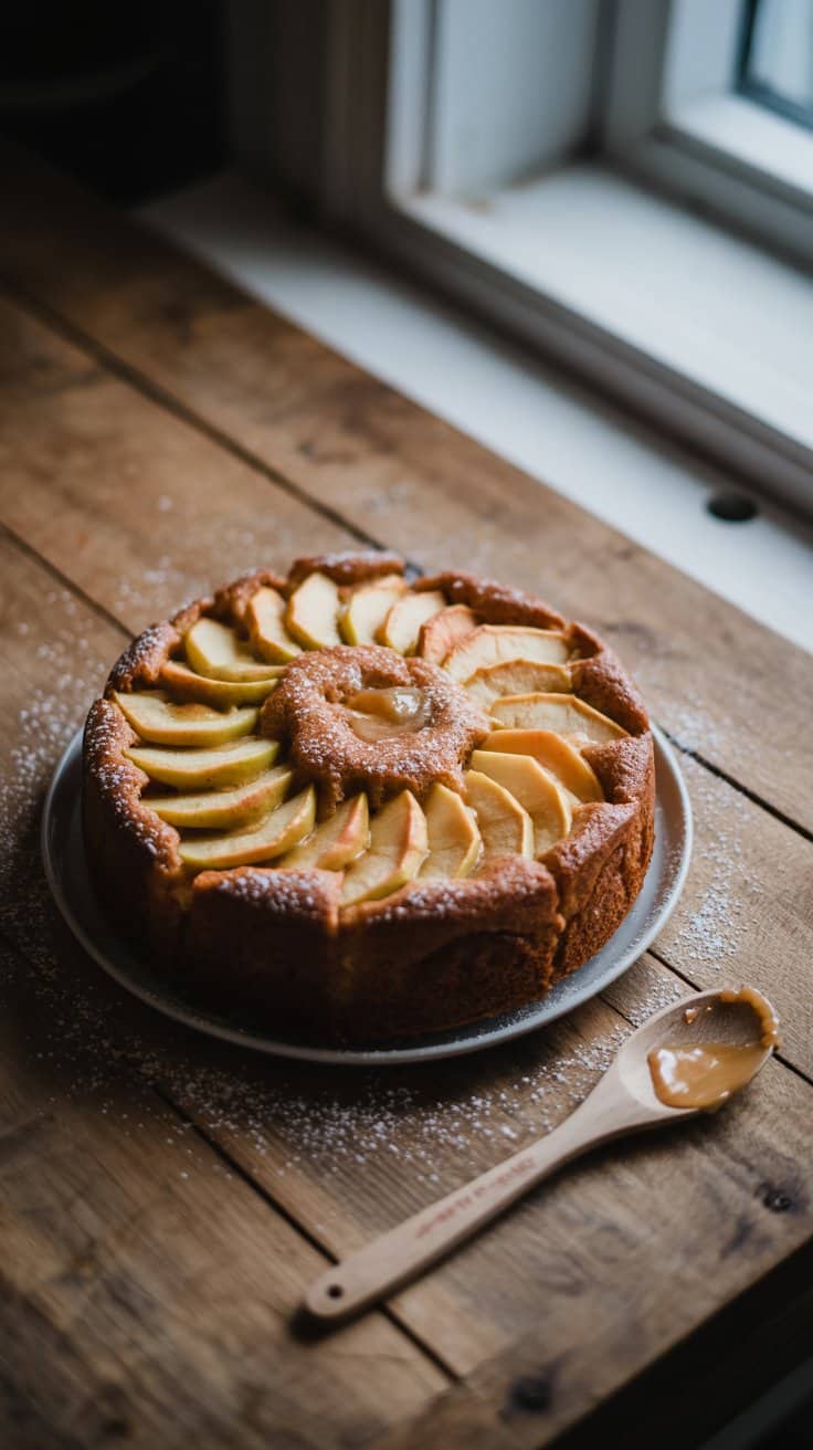 Tarte aux pommes sur table en bois.