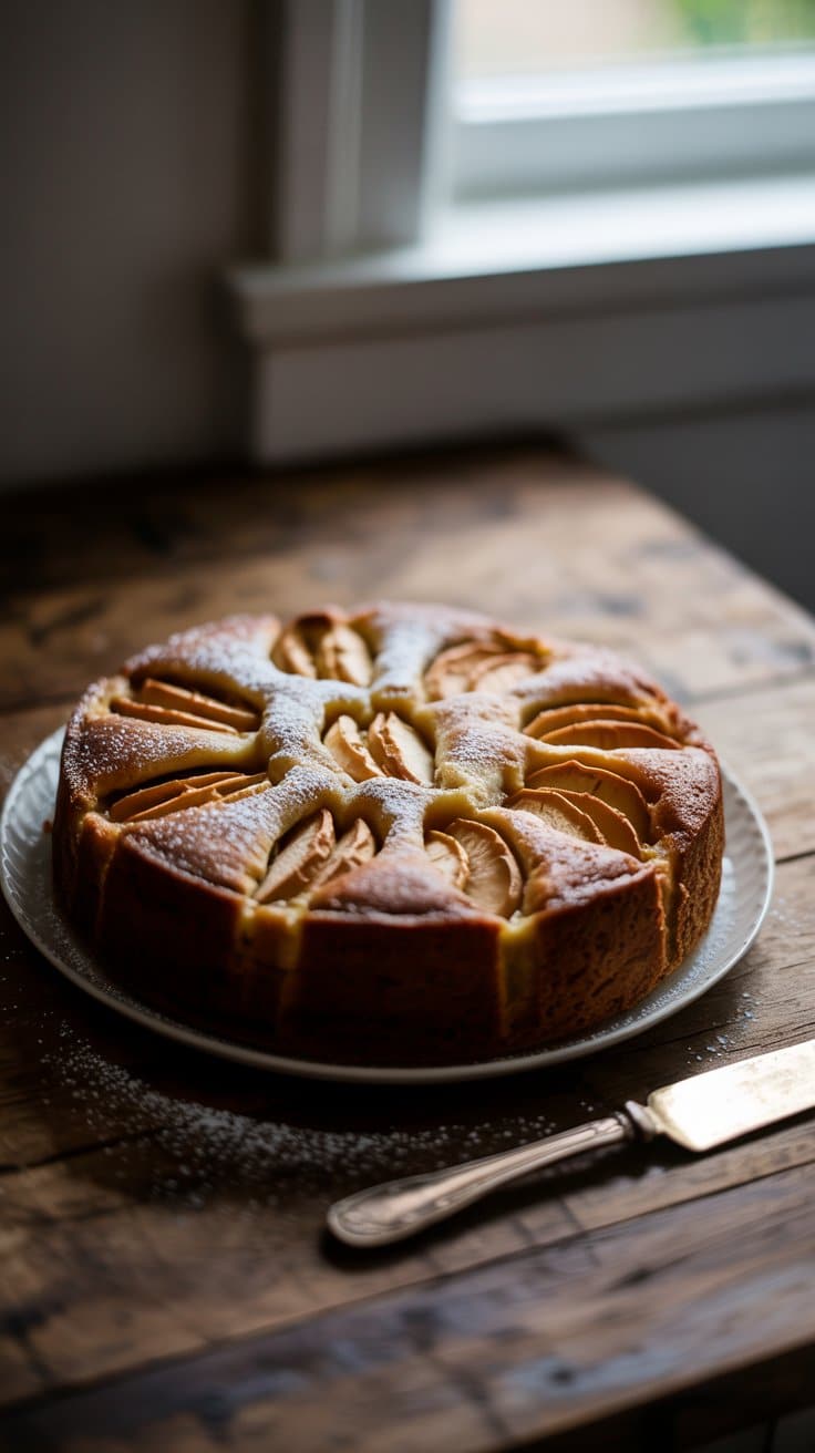 Gâteau aux pommes saupoudré de sucre glace.