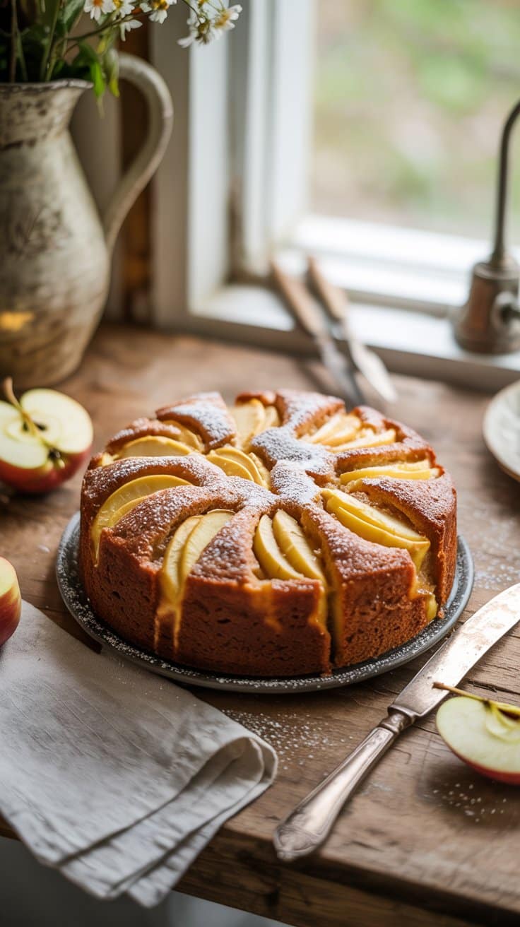 Gâteau aux pommes sur table en bois.
