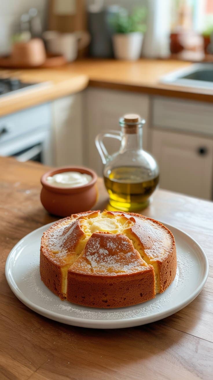Gâteau au yaourt sur une table en cuisine.