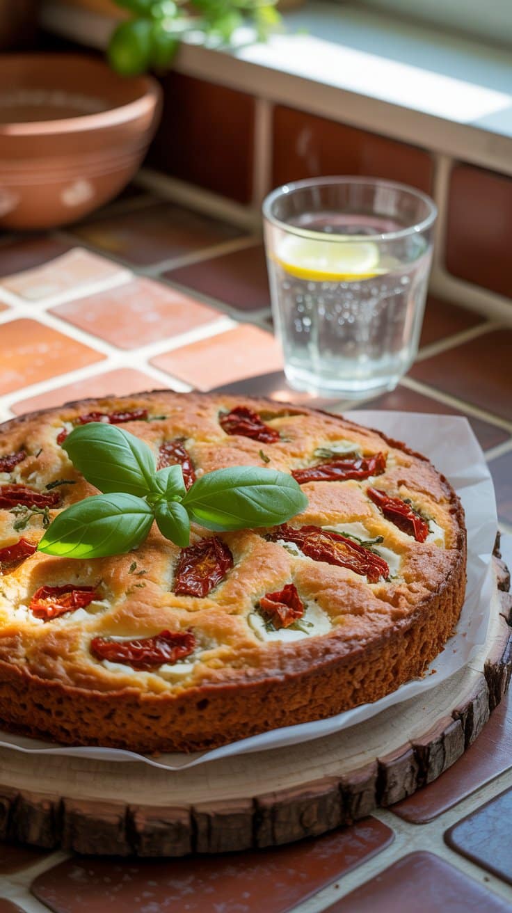 Gâteau tomates séchées sur table ensoleillée.