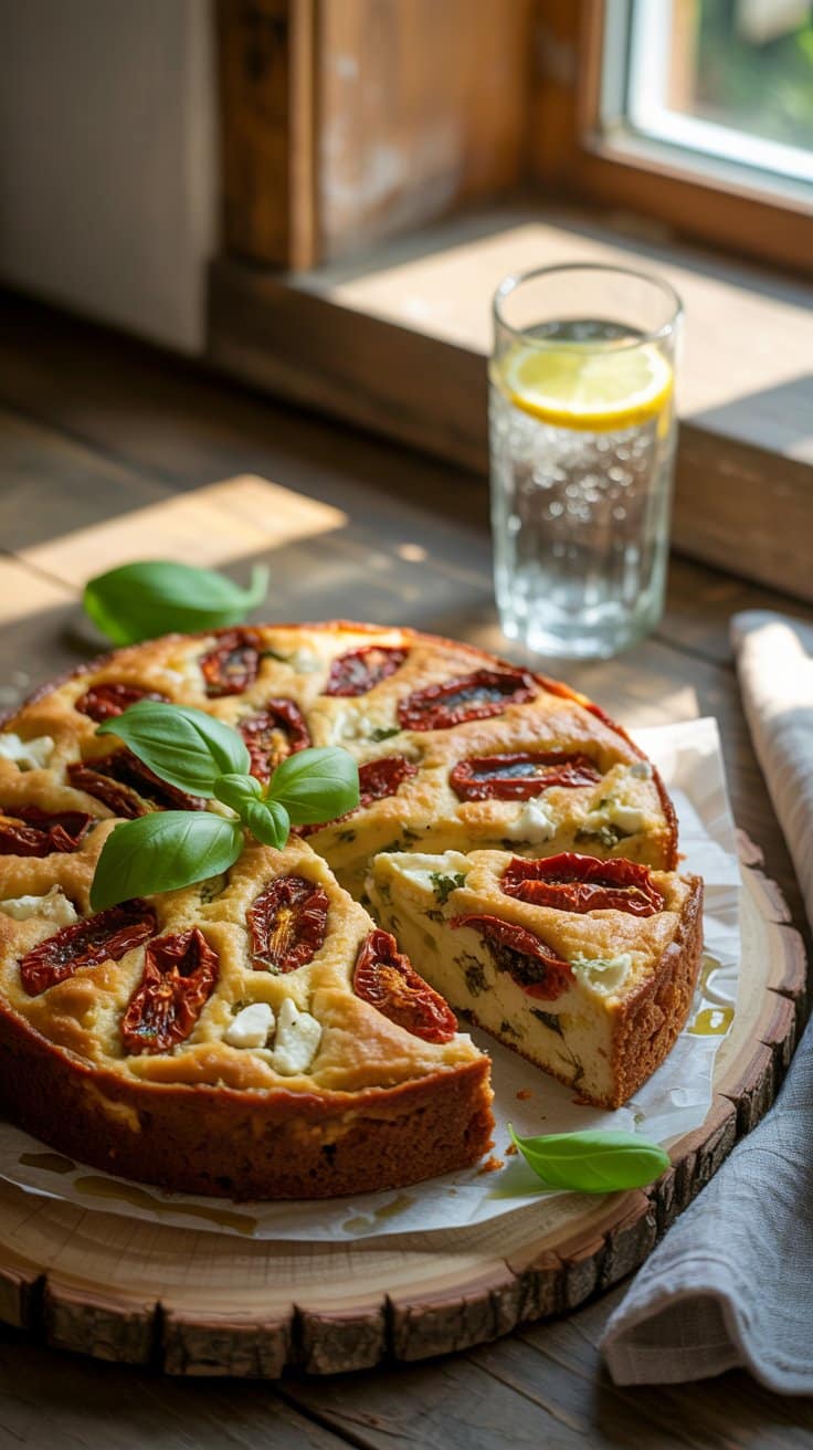 Tarte au fromage avec tomates séchées et basilic.