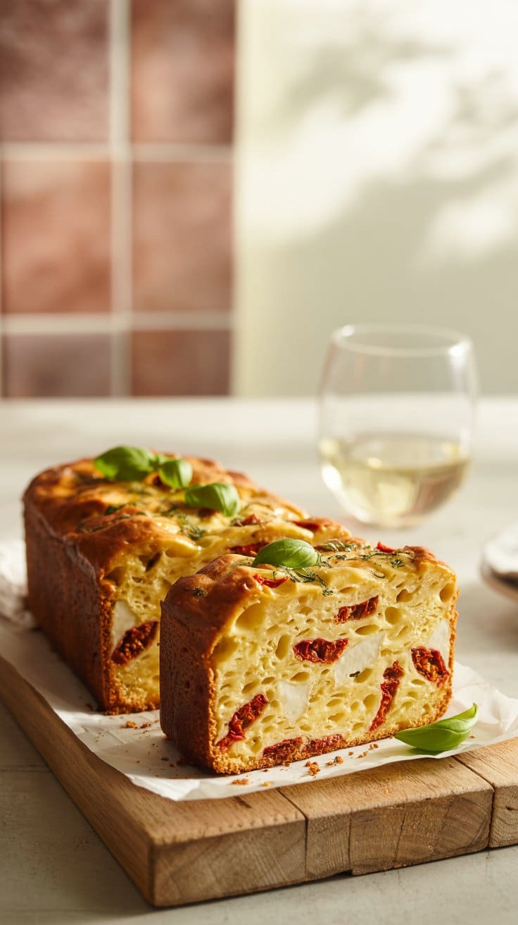 Cake salé aux légumes, planche en bois, verre de vin.