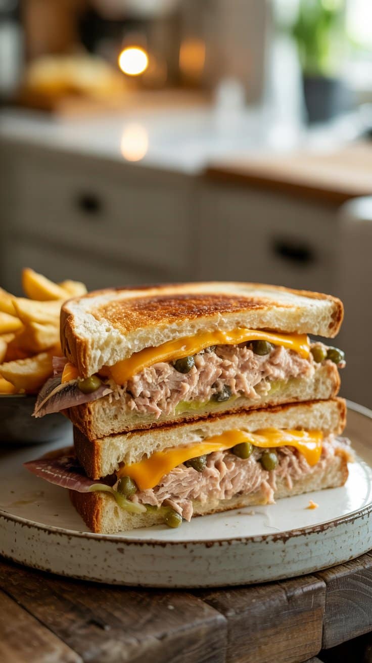 Sandwich thon fromage et frites sur assiette.