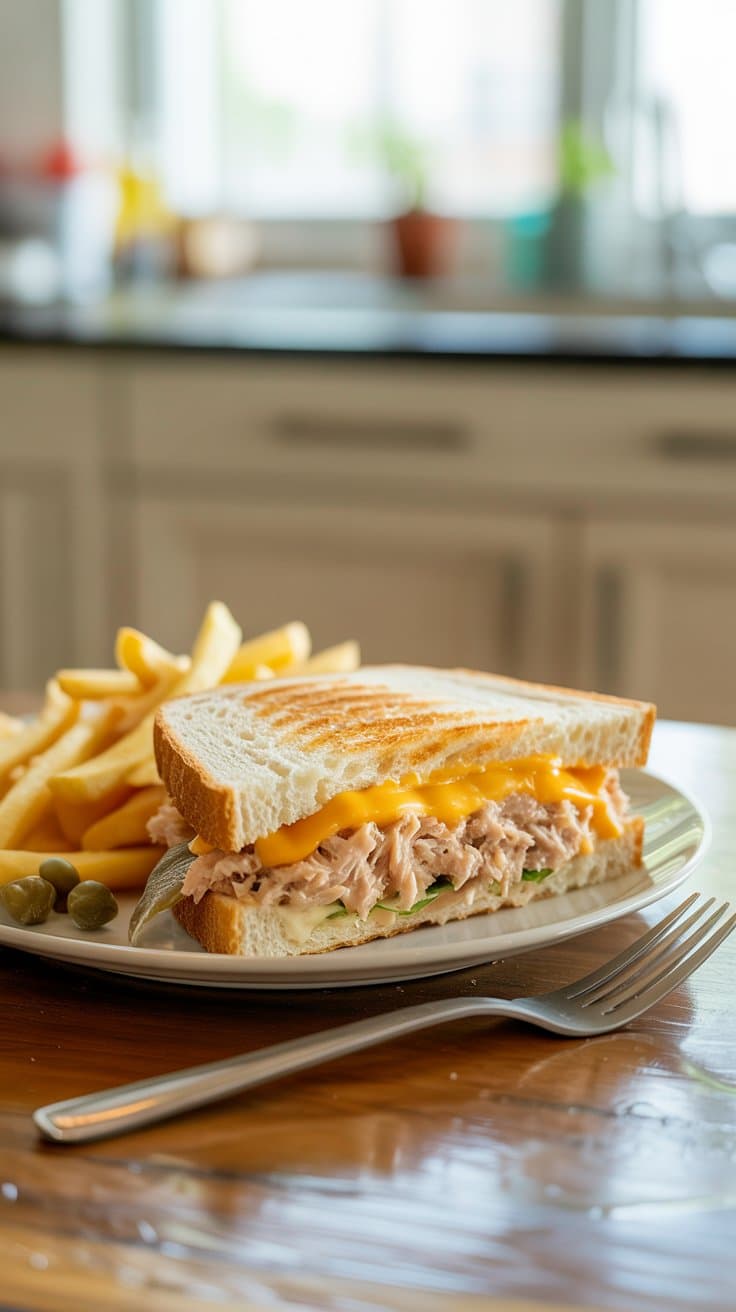 Sandwich au poulet et frites sur assiette.