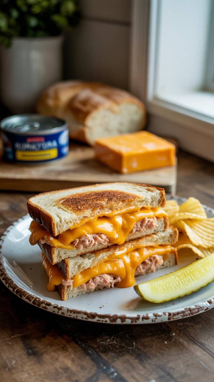 Sandwich thon cheddar fondu, cornichon, chips.