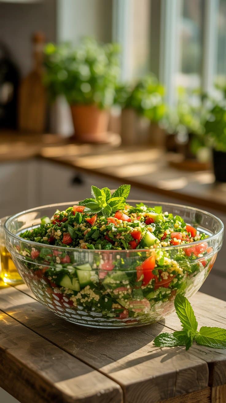Salade taboulé fraîche avec menthe et légumes.