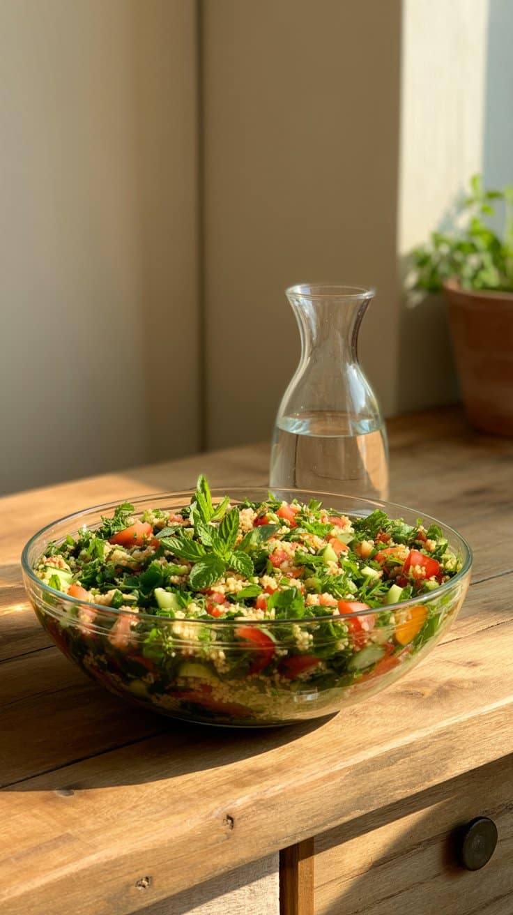 Salade taboulé au soleil sur table en bois.