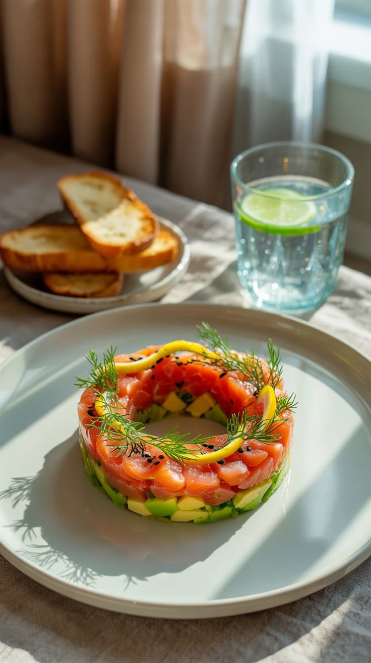 Tartare de saumon, avocat, citron, aneth décoré.
