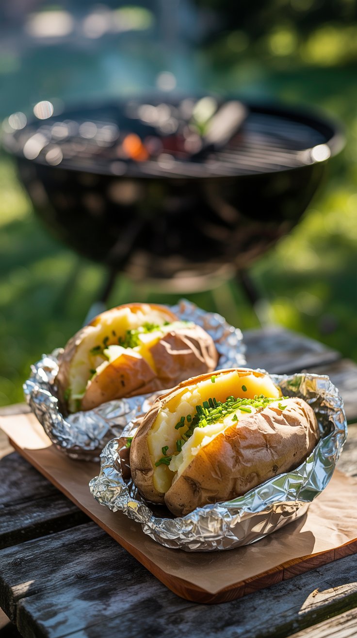 Pommes de terre au four garnies de ciboulette et beurre.