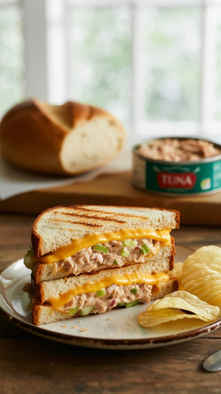 Sandwich thon fromage, chips sur assiette.