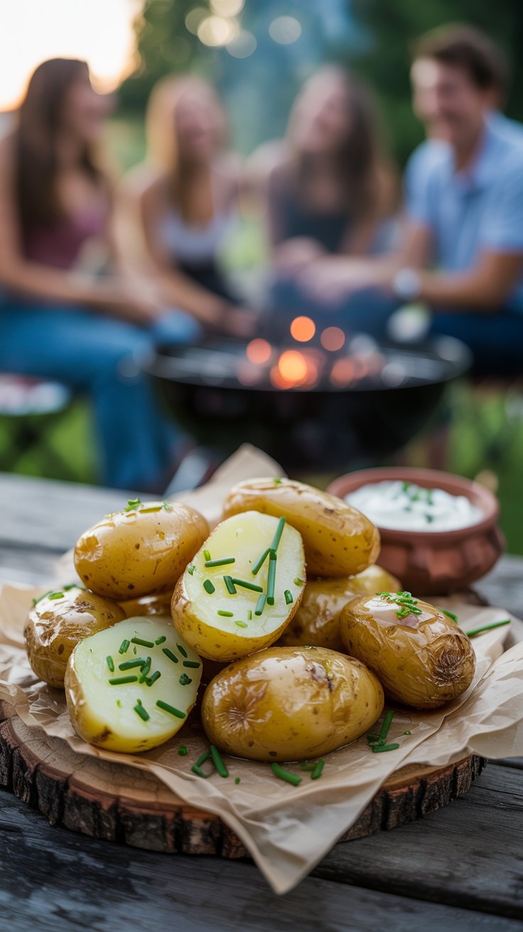Pommes de terre au four avec ciboulette devant barbecue.
