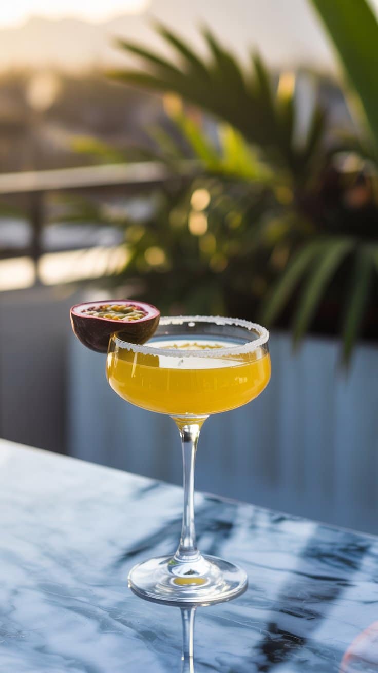 Cocktail exotique sur table en marbre.