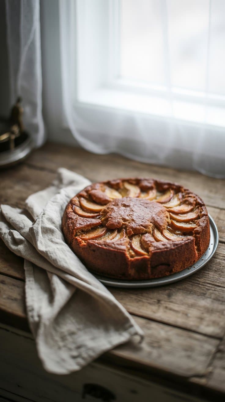 Gâteau aux poires sur une table en bois.