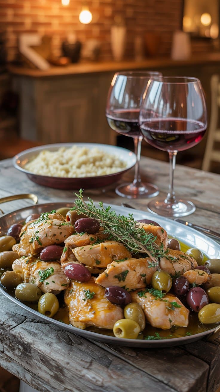 Poulet, olives et vin rouge sur table rustique.