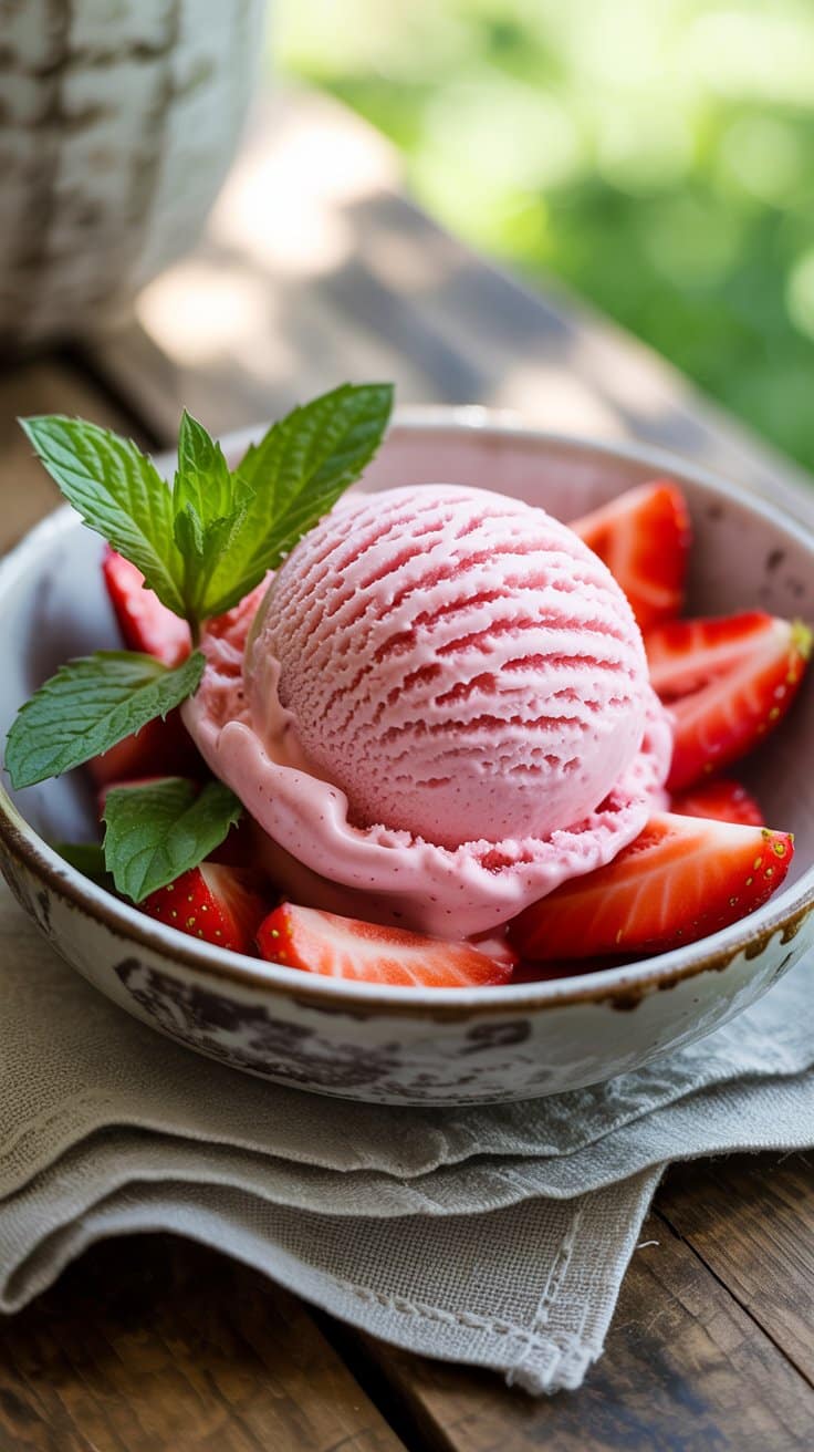 Glace aux fraises avec menthe fraîche, dans un bol.