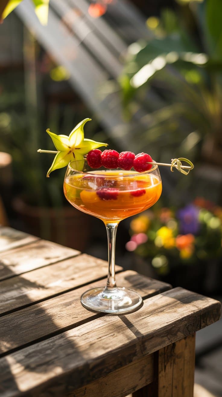 Cocktail fruité sur table en bois, ensoleillé.