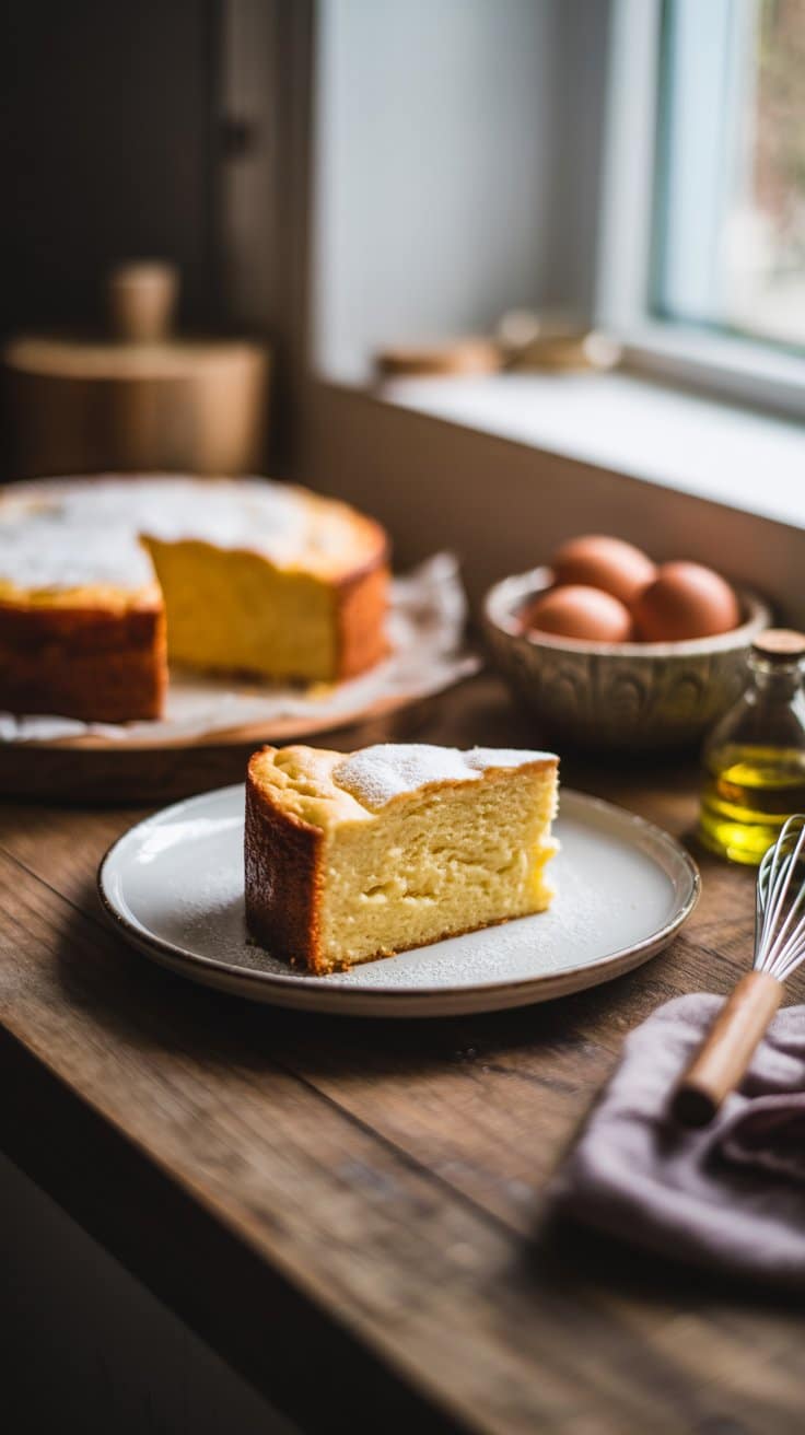 Tranche de gâteau moelleux sur une assiette blanche.