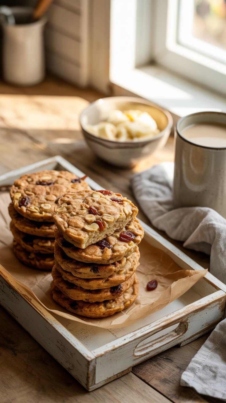 Cookies aux fruits séchés sur plateau en bois.