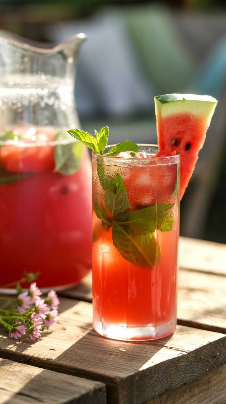 Verre de jus de pastèque frais avec menthe