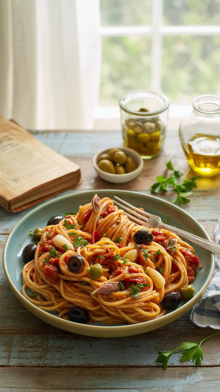 Assiette de spaghetti aux olives et tomates.