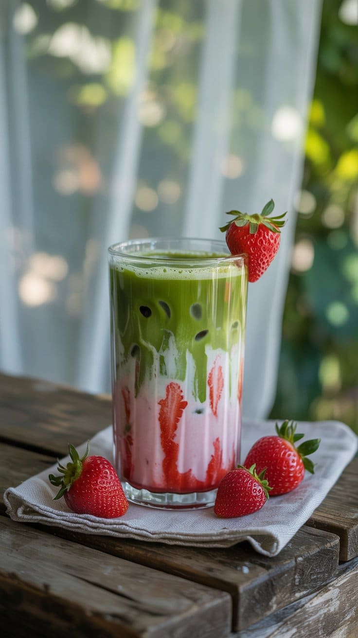 Boisson fraise et matcha avec fraises fraîches.