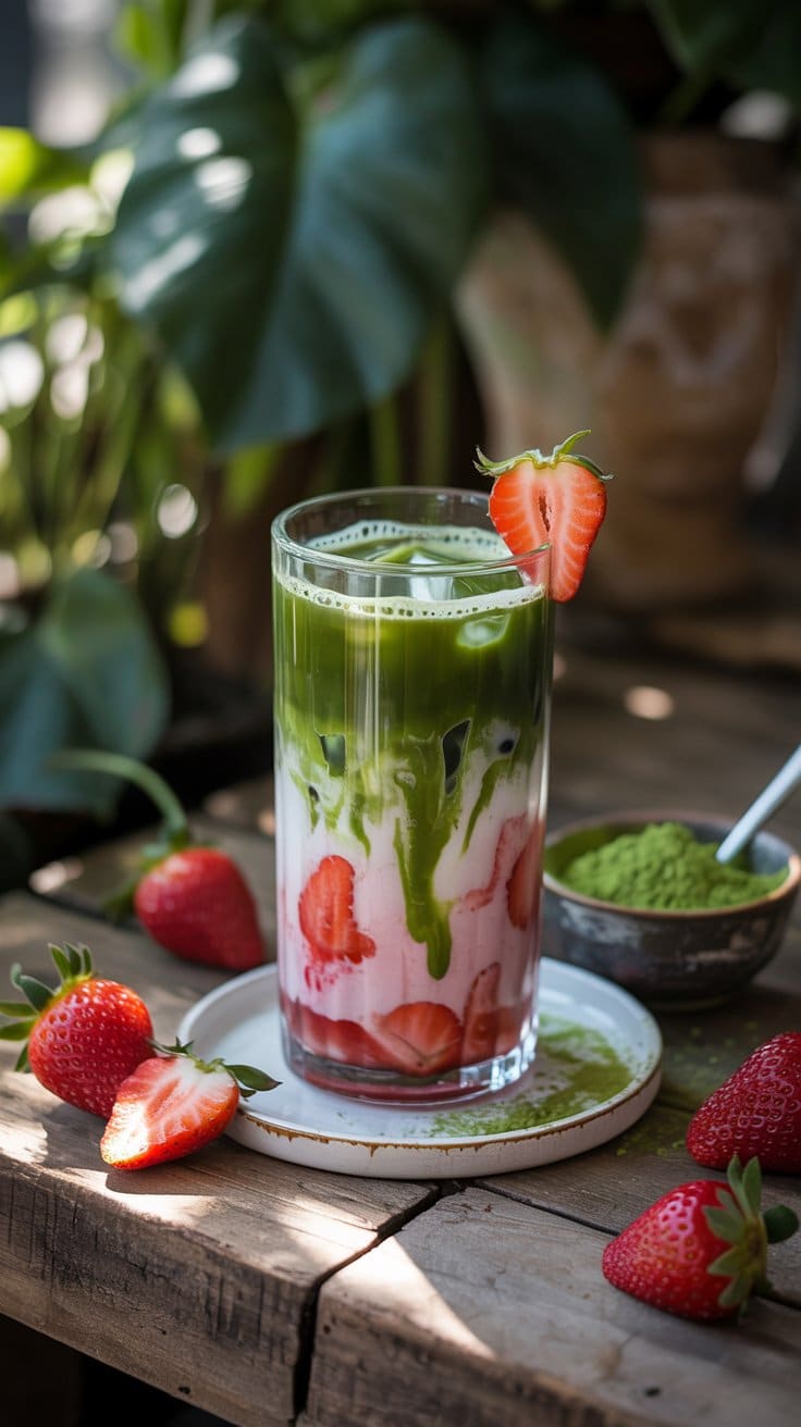 Boisson fraise matcha avec fraises fraîches.