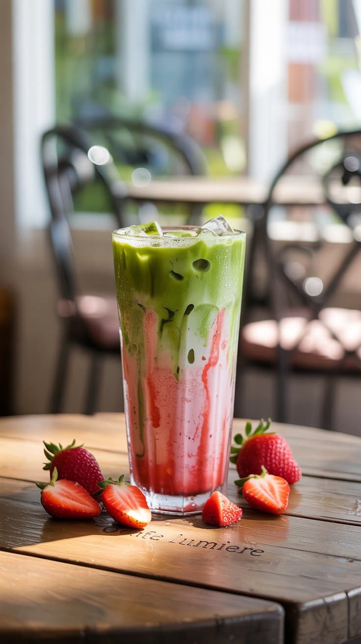 Boisson glacée fraise-matcha avec fraises fraîches