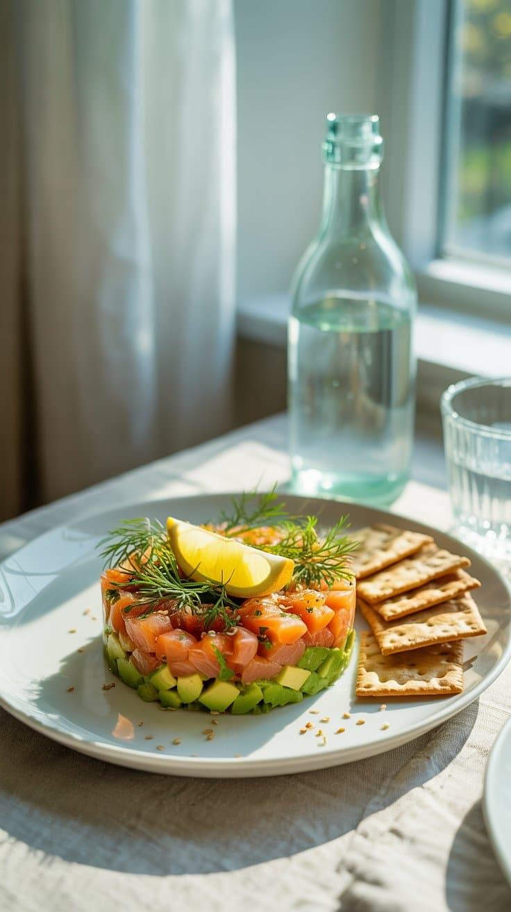 Tartare saumon avocat avec citron et crackers.