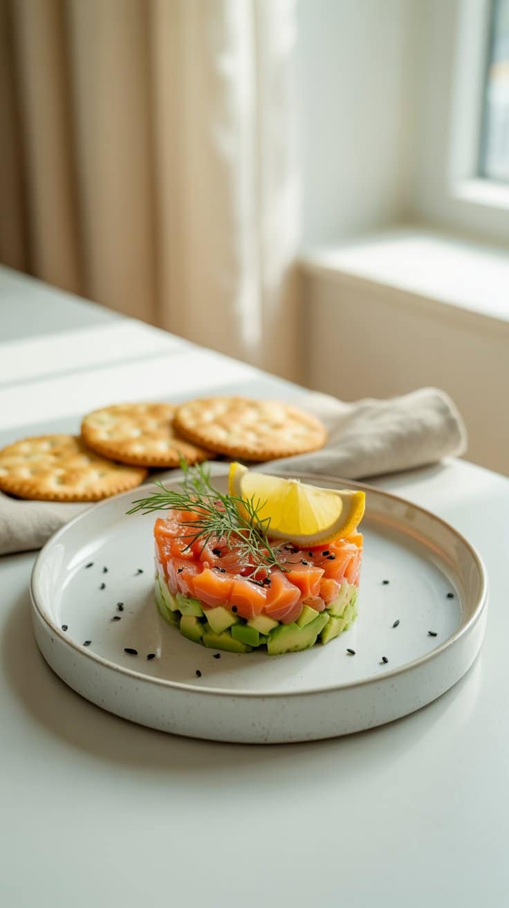 Tartare de saumon et avocat sur assiette blanche.