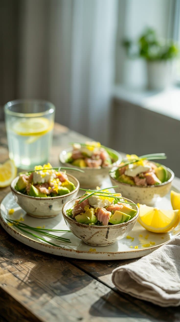 Bowls de salade avocat et saumon avec citron.