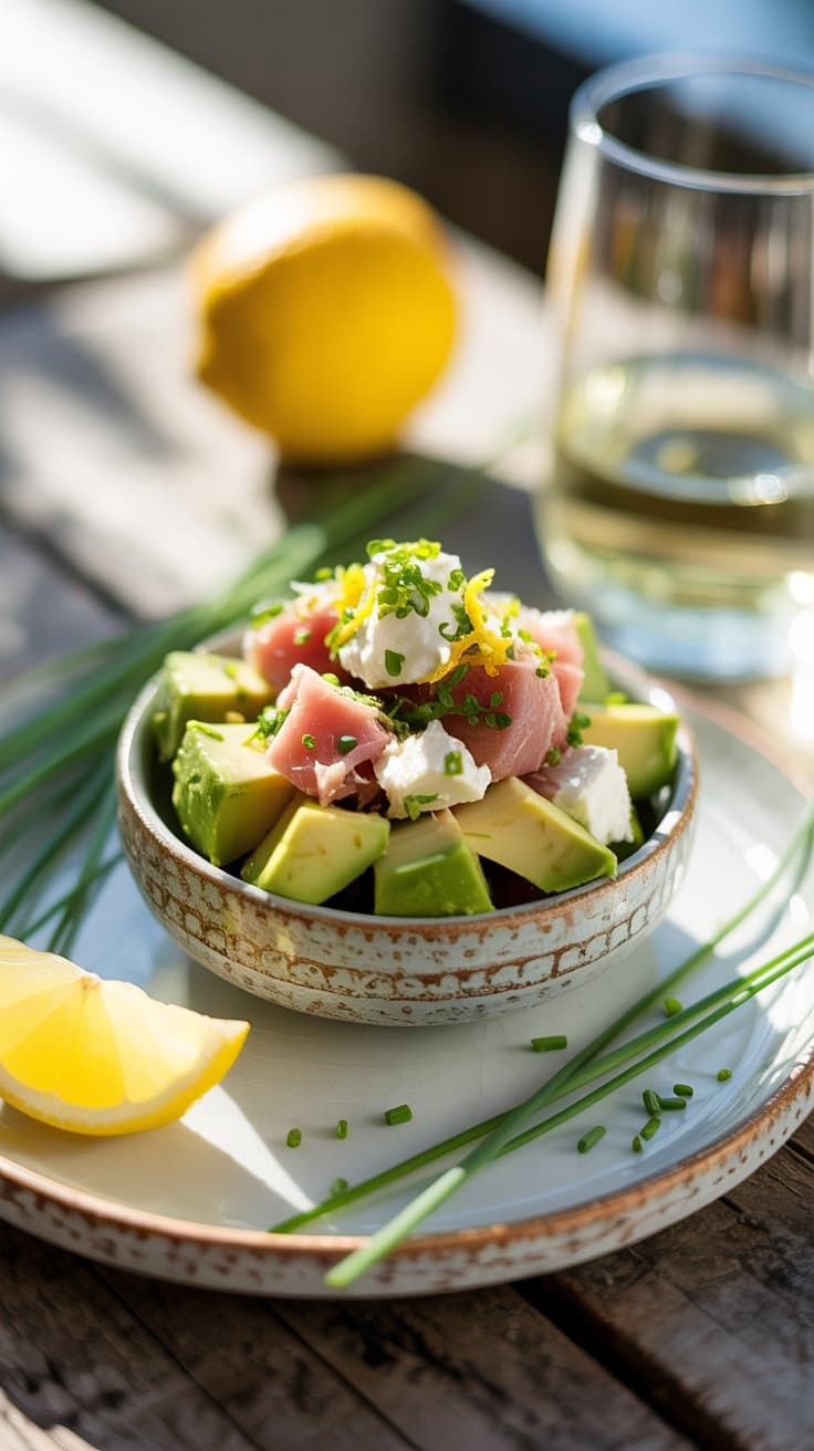 Salade avocat thon avec citron et verre de vin.