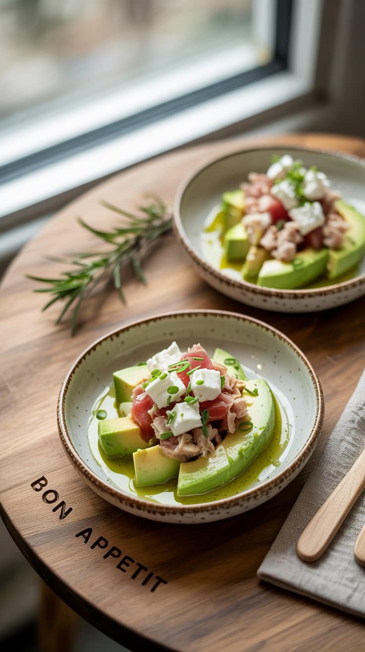 Salade d'avocat et thon avec feta.