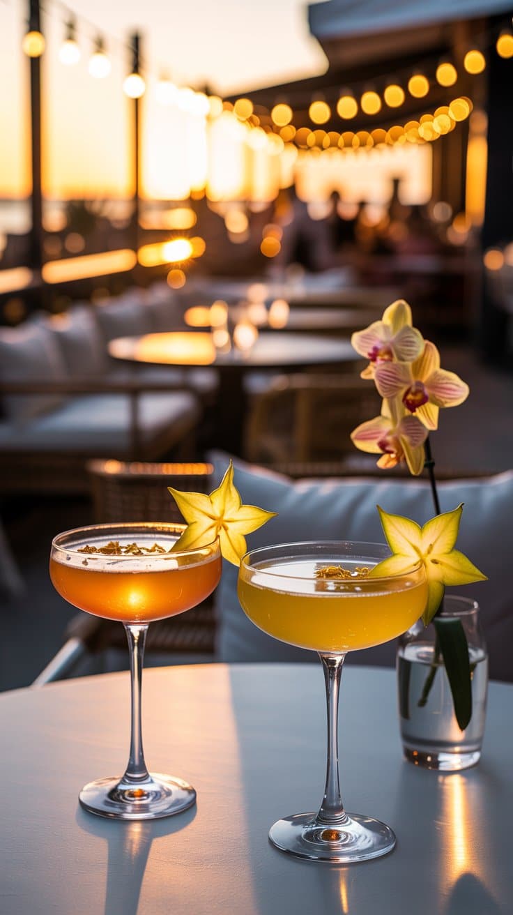 Cocktails au coucher de soleil sur une terrasse.