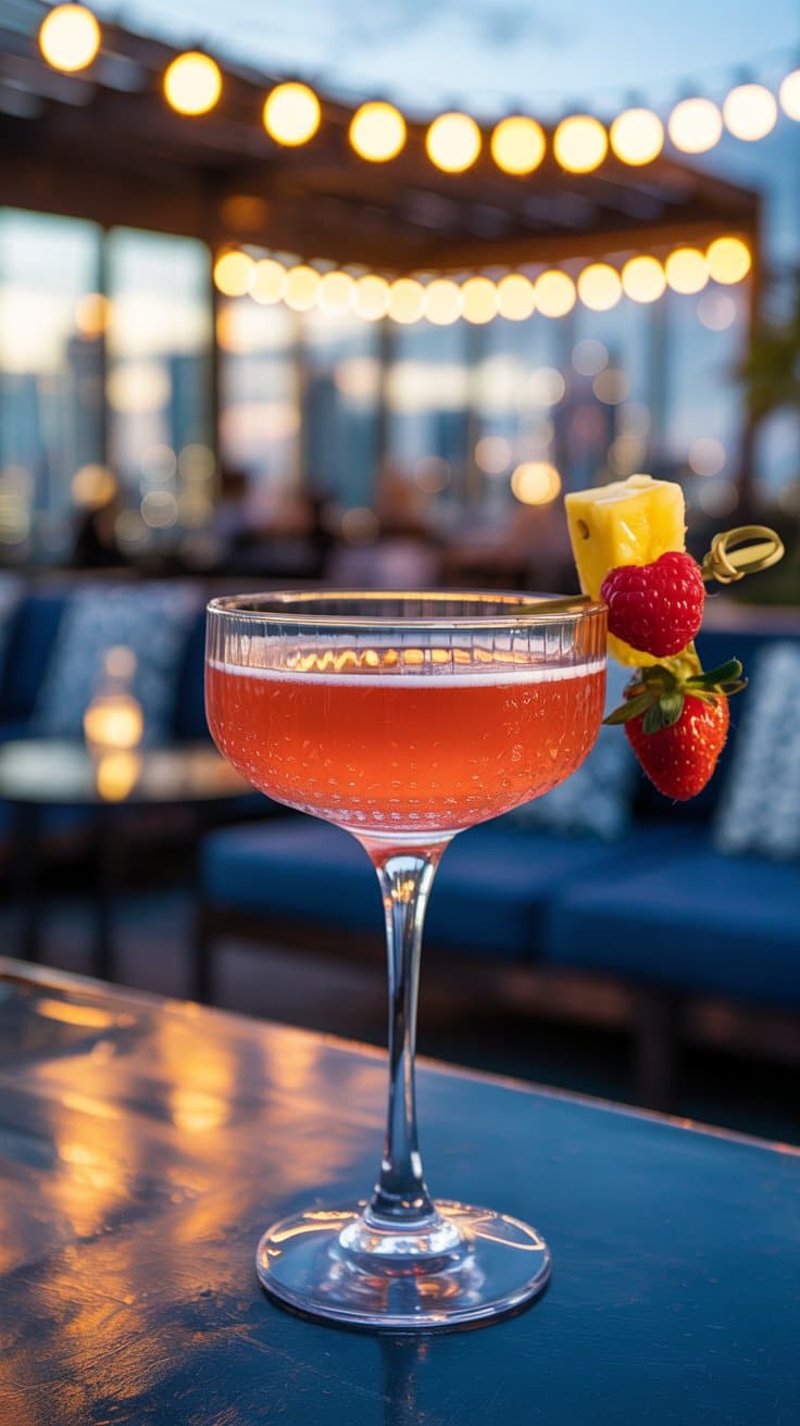 Cocktail rouge avec fruit sur terrasse lumineuse.