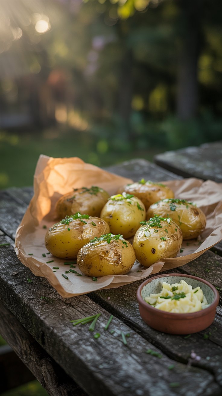 Pommes de terre rôties sur table extérieure.