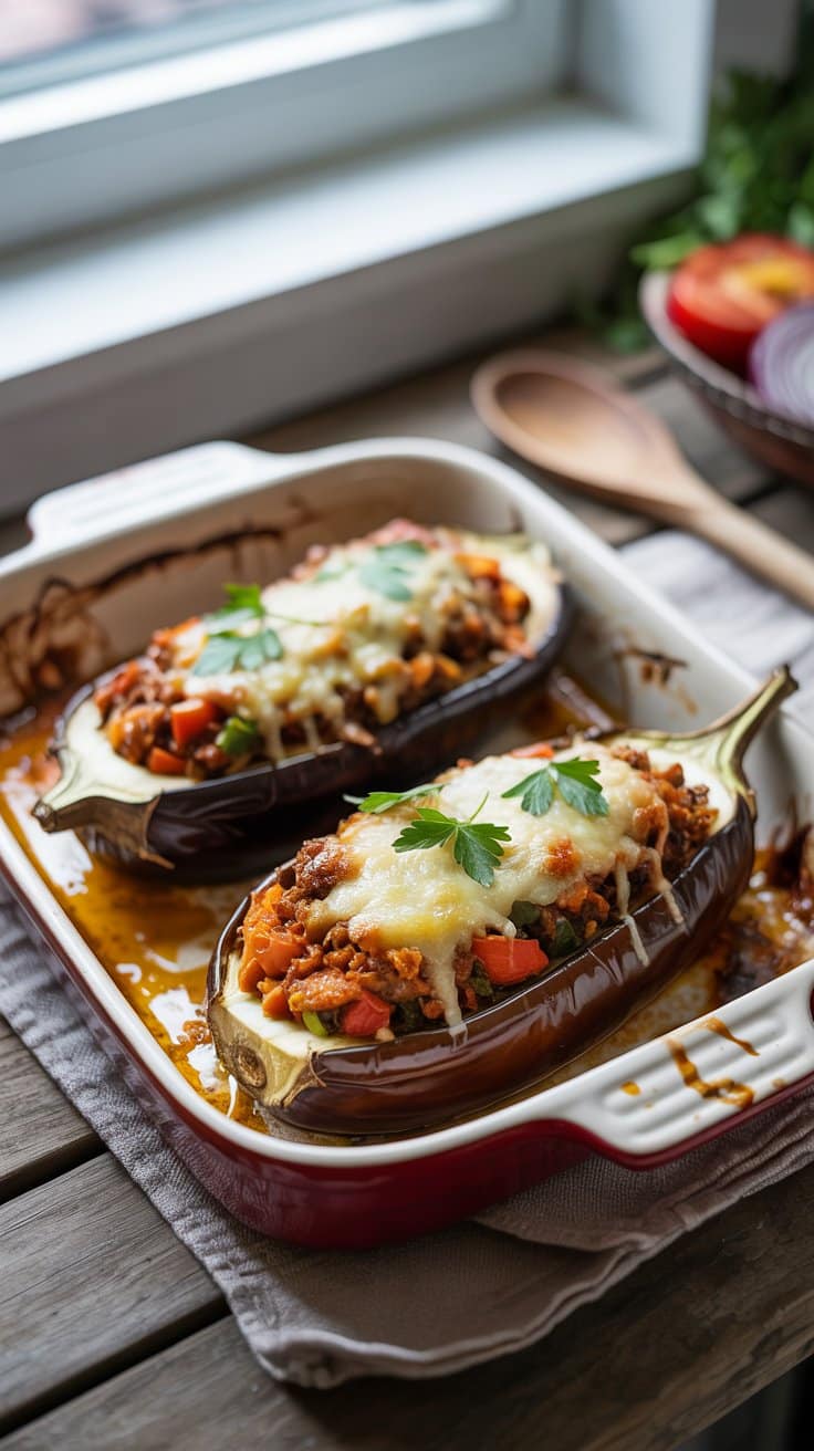 Aubergines farcies au four avec fromage fondu.