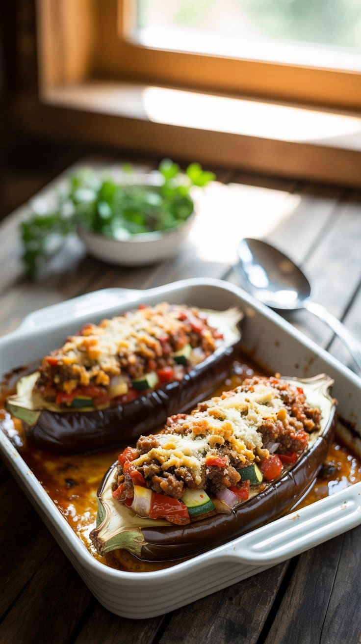 Aubergines farcies au four sur une table en bois.