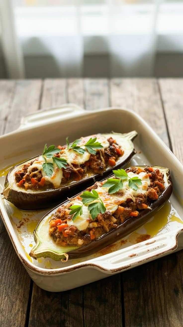 Aubergines farcies au four.
