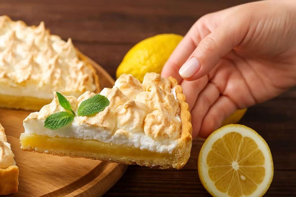 Part de tarte au citron meringuée avec menthe.