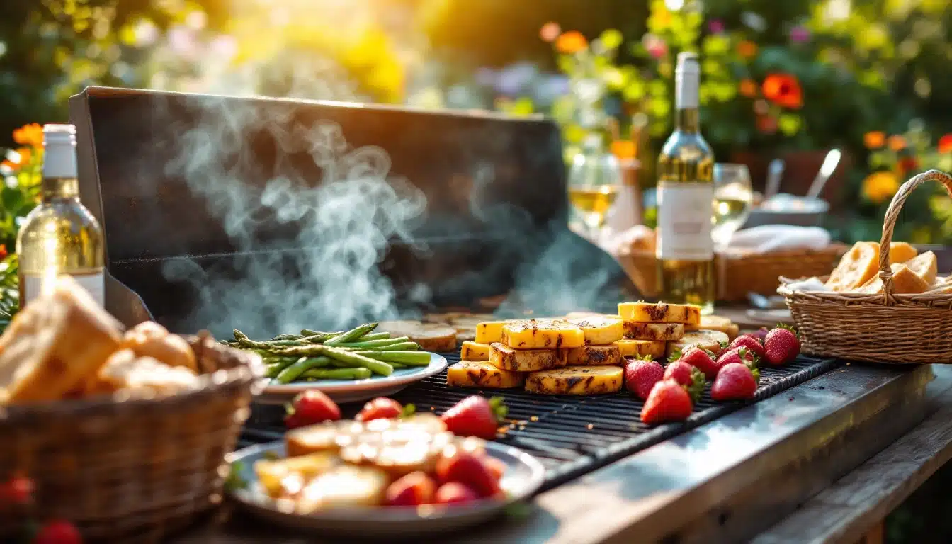 Barbecue d'été avec légumes et fraises grillées.