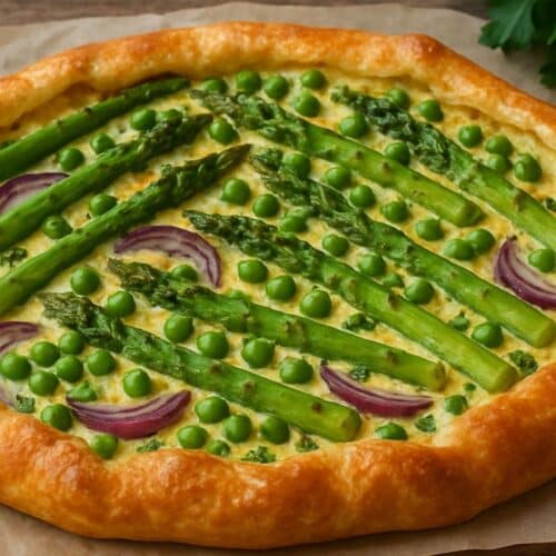 Tarte aux asperges et petits pois sur pâte dorée.